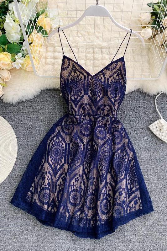 A Line Spaghetti Straps Lace V Neck Navy Blue Homecoming Dresses, Sweet 16 Dresses STK15555