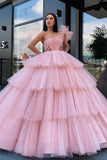 Charming Ball Gown Tulle Pink One Shoulder Long Prom Dresses, Quinceanera Dresses STK15096