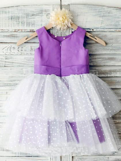 Ball Gown Ivory Scoop Neck Satin Purple Tulle Ankle-length Tiered Child Flower Girl Dresses