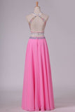 2024 A Line Halter Open Back Two Pieces Beaded Bodice Chiffon & Tulle Prom PXE2PBCD