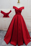 2024 Off The Shoulder Prom Dresses Satin Red Sweep Train Lace PSHTJGFC