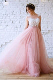 New Arrival Princess Scoop Neck Tulle with Appliques Lace Floor-length Pink Prom Dresses