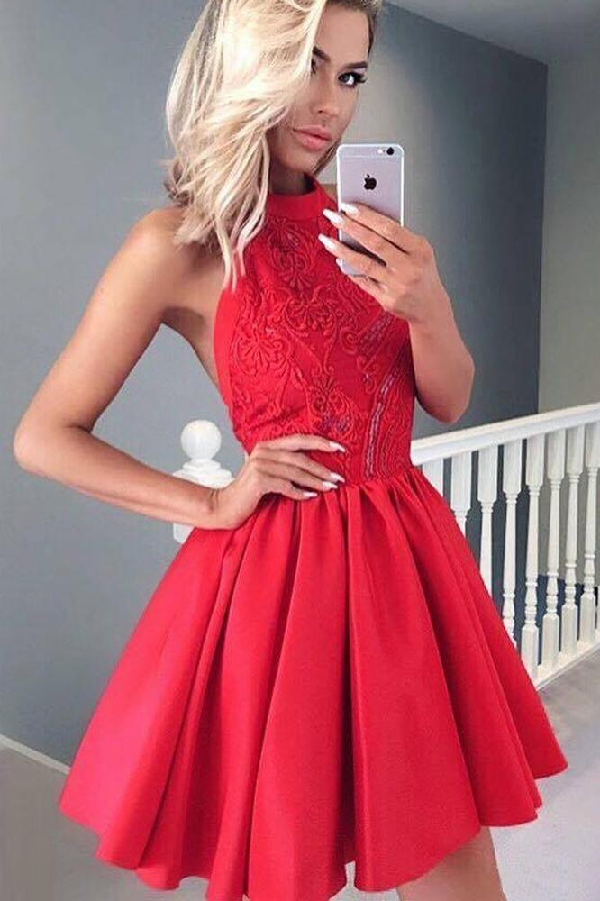 Cute A Line Round Neck Open Back Satin Red Short Homecoming Dresses with Lace