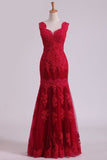 2024 Red Straps Prom Dresses Tulle With Applique PYD6ELG3