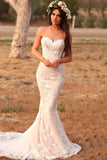 Charming Mermaid Lace Applique Sweetheart Sleeveless Wedding Dresses, Country Bridal Dresses STK15107