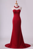 2024 Burgundy Chiffon Prom Dresses Scoop Spandex With Beading Sweep Train PM238TR5