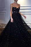 Elegant A Line Sweetheart Strapless Black Tulle Prom Dresses With STKPT11F6GE