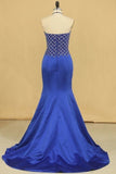 2024 Dark Royal Blue Halter Mermaid Prom Dresses Beaded Bodice Satin Sweep P3MRS869