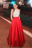 Beautiful Halter Beading Long A-Line Red Open Back Prom Dresses PLZYB91S