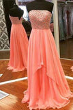 New Arrival Modest Strapless Straps Long Chiffon Pearl Pink Beaded Sexy Prom Dresses