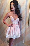 Cute Spaghetti Straps V Neck Pink Satin Homecoming Dresses with Lace Short Prom Dress STK14973
