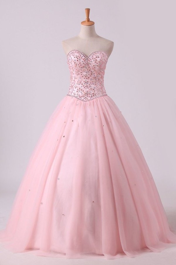 2024 Sweetheart Ball Gown Quinceanera Dresses Tulle With Beads PZF17LCQ