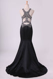 2024 Black Scoop Mermaid Beaded Bodice Open Back Prom Dresses Satin Floor P6Z636X8