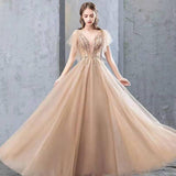 A Line V Neck Tulle Long Prom Dresses, Cheap Evening Dress with STK20488