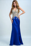 2024 Dark Royal Blue Two-Tone Mermaid Prom Dresses V-Neck Beaded Bodice Satin & P7MXNZD1