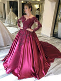 Ball Gown Long Sleeves Burgundy Satin Beads Prom Dresses with Appliques, Quinceanera Dress STK15498