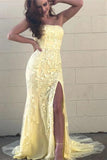 Yellow Mermaid Strapless Lace Appliques Prom Dresses with Slit, Evening STK20475