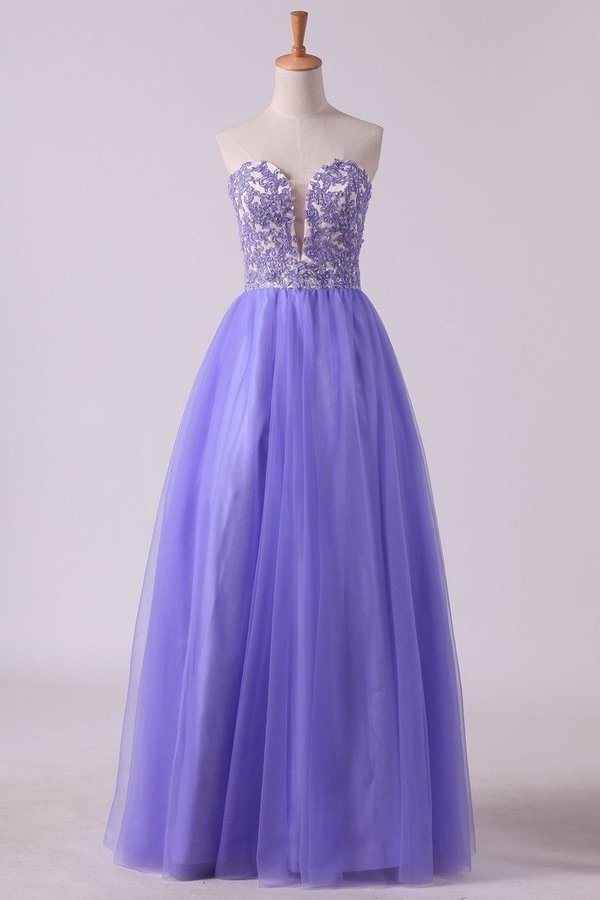 2024 Sweetheart A Line Tulle Prom Dresses With Applique PQHMKTZC