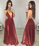 Burgundy Deep V-neck Sexy Spaghetti Straps A-Line Backless Tulle Evening Dresses