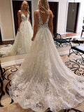 Luxurious Ball Gown V Neck Open Back Ivory Lace Wedding Dresses,Sequins Beach Bridal Dresses STK15259