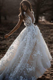 A Line Ivory V Neck Country Wedding Dresses with Appliques, Beach Wedding Gowns STK15548