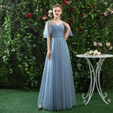 A Line V Neck Tulle Blue Cheap Prom Dress, Long Floor Length Bridesmaid Dresses STK15044