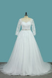 2024 Bateau Wedding Dresses Tulle A Line With Applique And Beads PD493Q9D