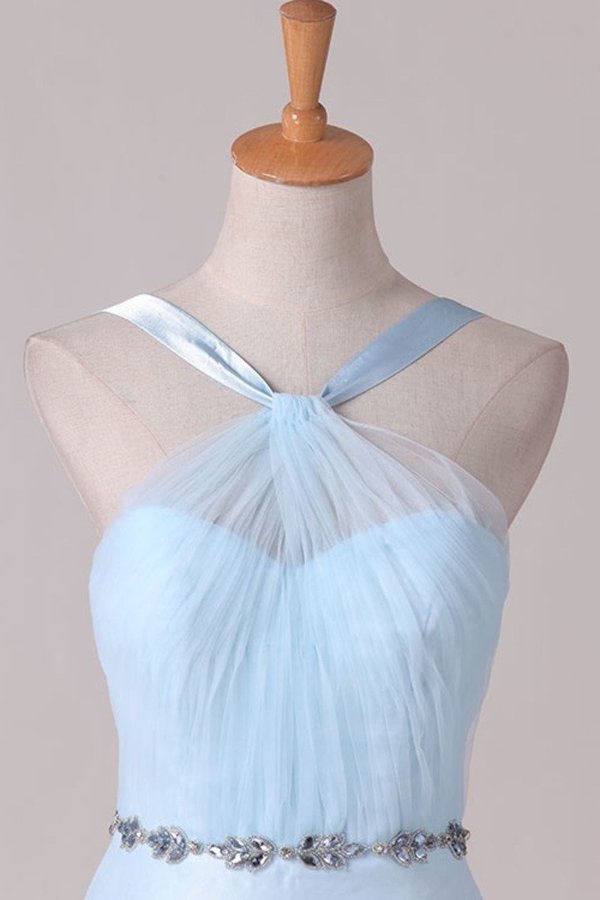 2022 Tulle Straps Bridesmaid Dresses A Line With Ruffles And Beads P64CNTEH