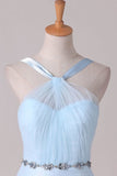 2022 Tulle Straps Bridesmaid Dresses A Line With Ruffles And Beads P64CNTEH