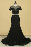 2024 Black Two Pieces Scoop Short Sleeves Mermaid Prom Dresses With Beading PGR6FJAL