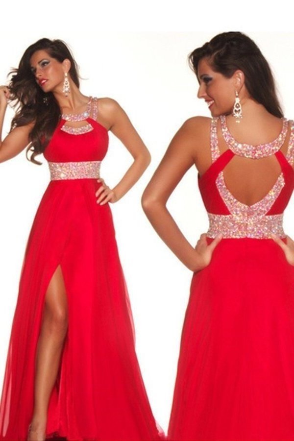 Sexy Prom Dresses A Line Scoop Sweep/Brush Red P6DBJJ6F