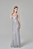 Sexy V Neck Silver Mermaid Prom Dresses, Embroidered Sequins Long Evening Dresses STK15368