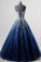 A-Line Blue Sweetheart Sequin Spaghetti Straps Tulle Long Lace up Prom Dresses