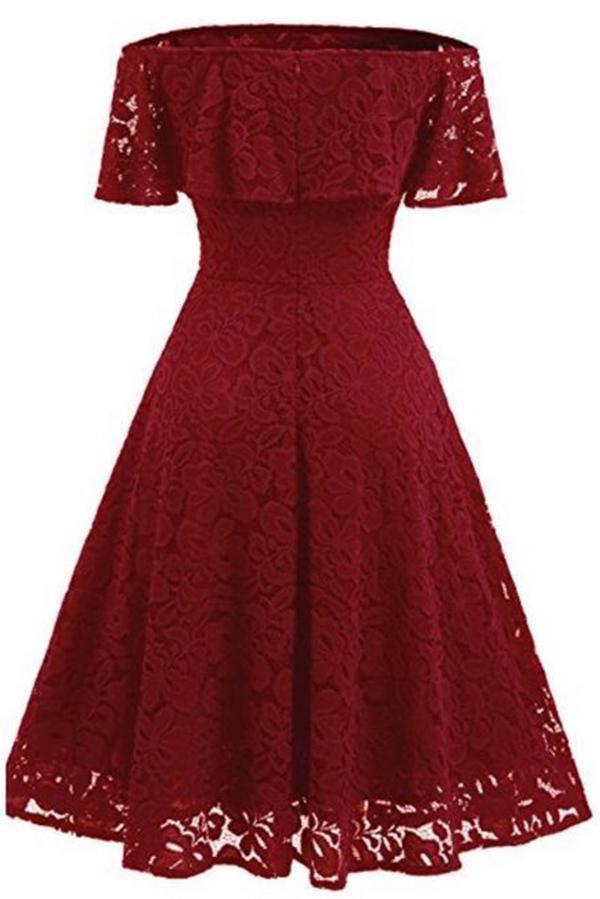 A-line Short Sleeve Burgundy Off-the-Shoulder Lace Knee-Length Grace Homecoming Dresses