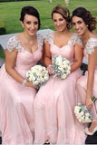 A-Line Pink Princess Cap Sleeves Sweetheart Floor-Length Beads Chiffon Bridesmaid Dresses