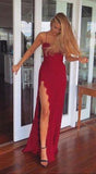 2024 A-Line Red Long Sheath Lace Spaghetti Straps Split Front Sweetheart Prom Dresses