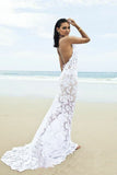 Beach Backless Sexy Mermaid Lace White Open Back Halter V-Neck Summer Wedding Dress