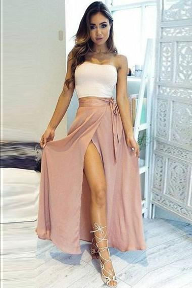 A-Line Two Piece Strapless Ankle-Length High Split Sleeveless Pink Chiffon Prom