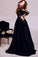 New Style Black 3/4 Sleeves Lace Satin V-Neck A-Line Floor-Length Evening Dresses