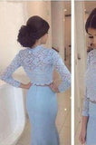 Baby Blue Lace Two Pieces Mermaid Long Sleeve Sexy Prom Dress Dresses for Prom