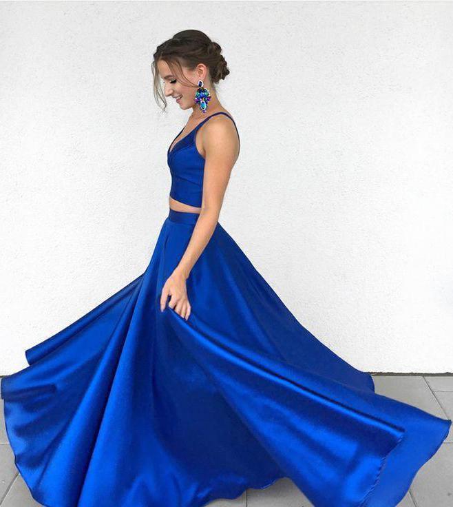 A Line Two Pieces Spaghetti Straps Simple Long Cheap V Neck Blue Sleeveless Prom Dress
