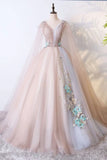 Ball Gown V Neck Tulle Prom Dress With Appliques Unique Floor Length P7K8AYQ3