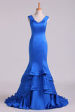 2024 Dark Royal Blue Off-The-Shoulder Mermaid Prom Dresses Sweep Train Satin Zipper PKA7Q94B