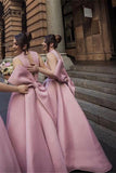 Ball Gown High Neck Satin V Neck Bridesmaid Dresses with Bowknot, Wedding Party Dress STK15559