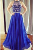 A-line Royal Blue Halter Fashion Cheap Sleeveless Tulle Beads Floor-Length Prom Dresses