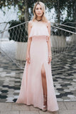 Charming Off Shoulder Ruffle Pink Chiffon Long Prom Dresses Bridesmaid Dresses STK15114