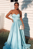 Simple A Line Sky Blue Sweetheart Satin Prom Dresses, Cheap Formal STK20442