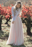Two Pieces Long Sleeves Lace Appliques Blush Pink Wedding Dresses, Beach Wedding Dress STK15538
