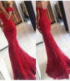 Lace Mermaid Off Shoulder Red Prom Dresses Charming Evening Dress Sexy prom dress