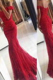 Lace Mermaid Off Shoulder Red Prom Dresses Charming Evening Dress Sexy prom dress